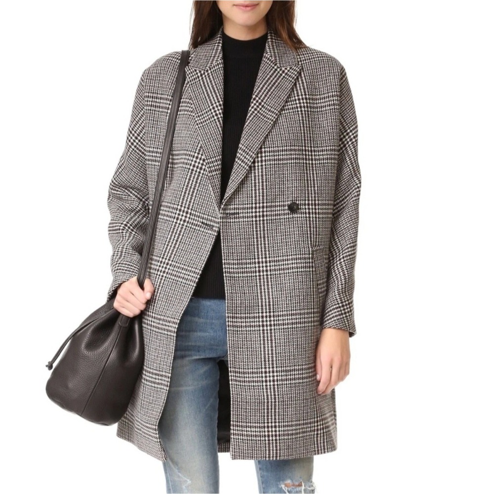 Madewell Donna Cocoon Coat Houndstooth Plaid Wool Blend Black Cream Size Small